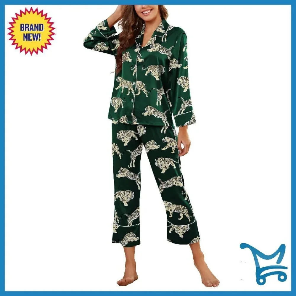 Silk Satin Pajama Set V-Neck Button Up Lace Pattern Loungewear